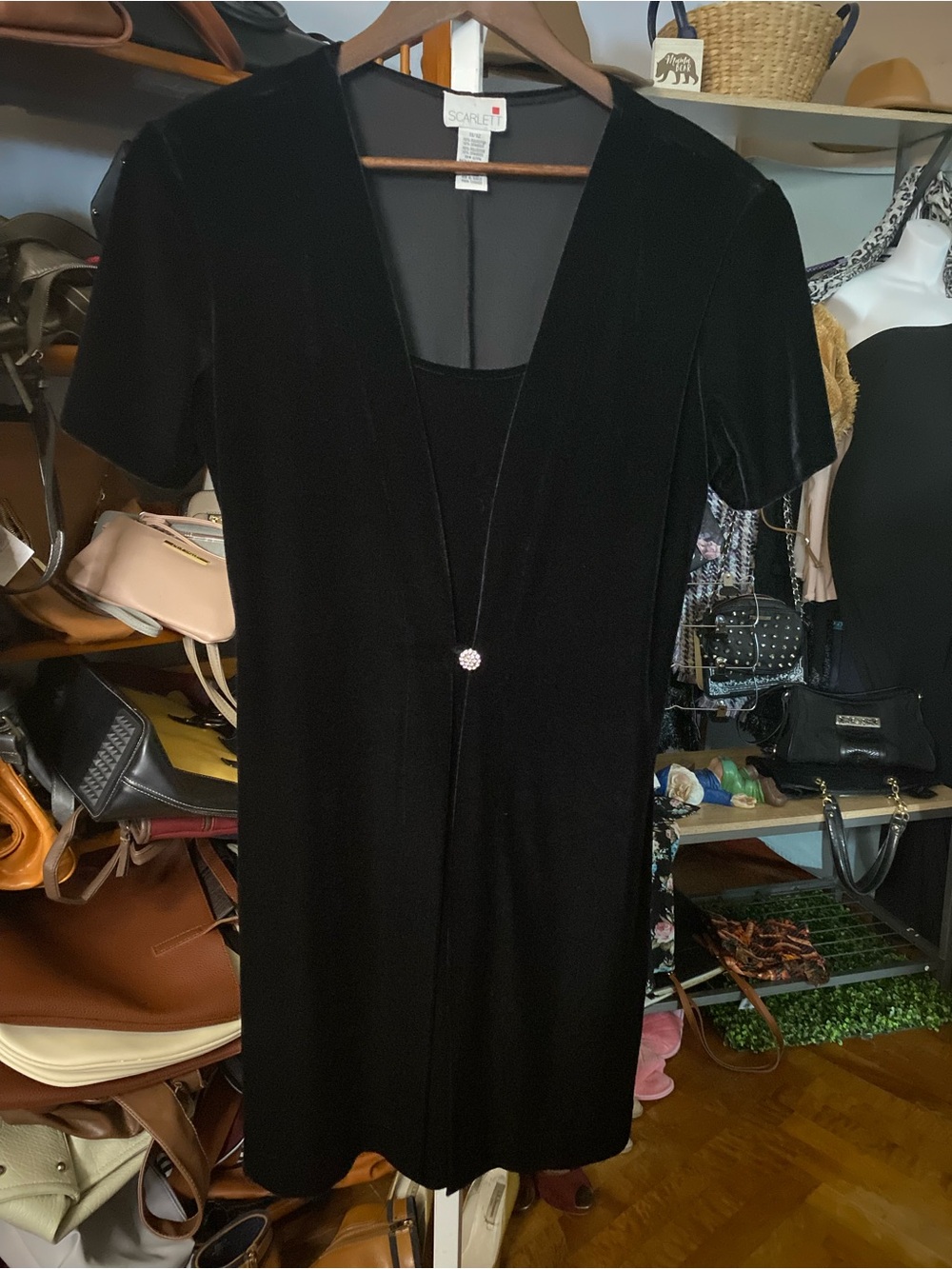 Scarlett Black Velvet Short Sleeve Dress with Center Jewel Button Cardigan